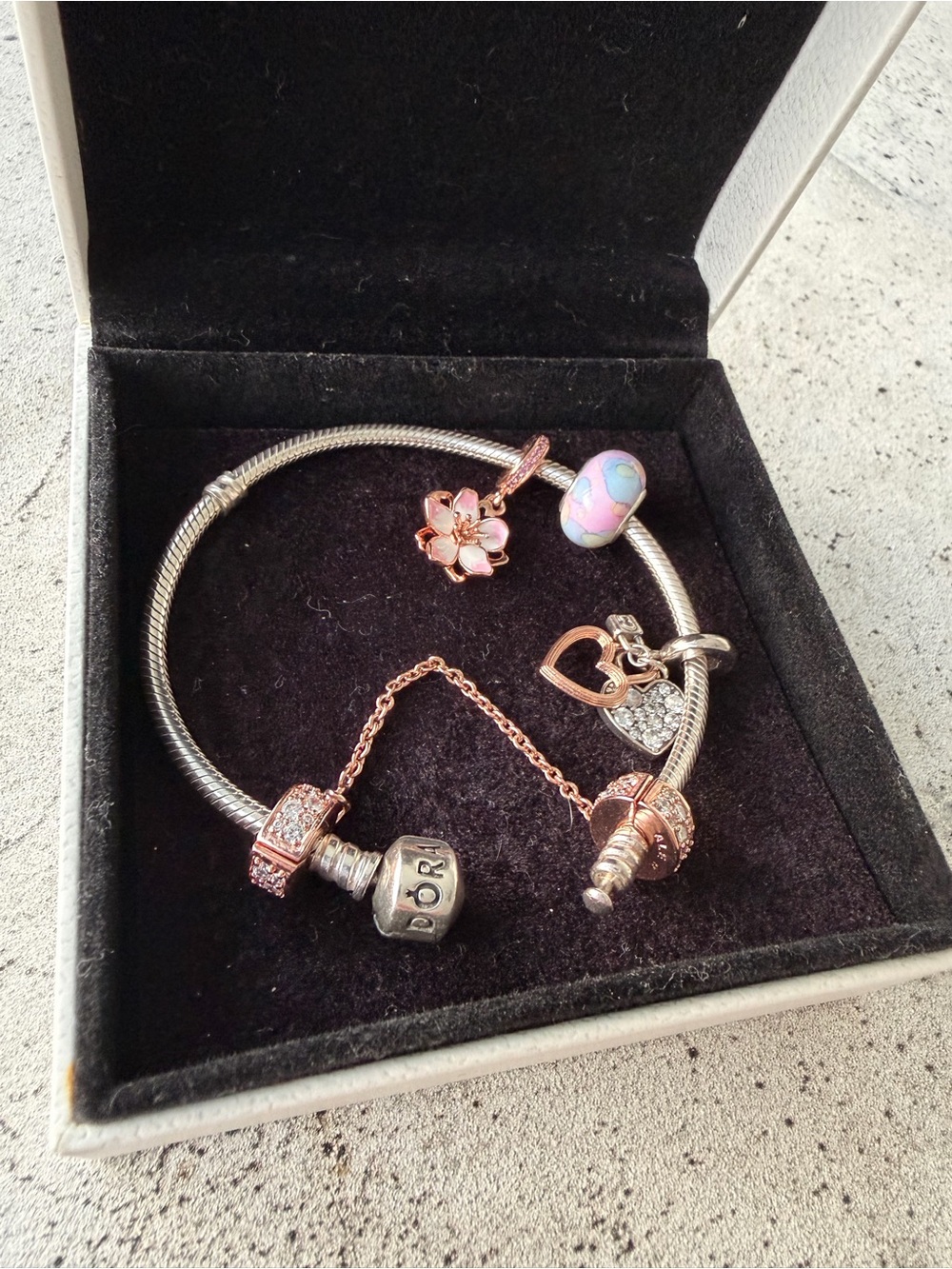 2 Pandora Two-Tone Charm Bracelets with Rose Gold Floral Charms & Gold Bee - Picture 2 of 15